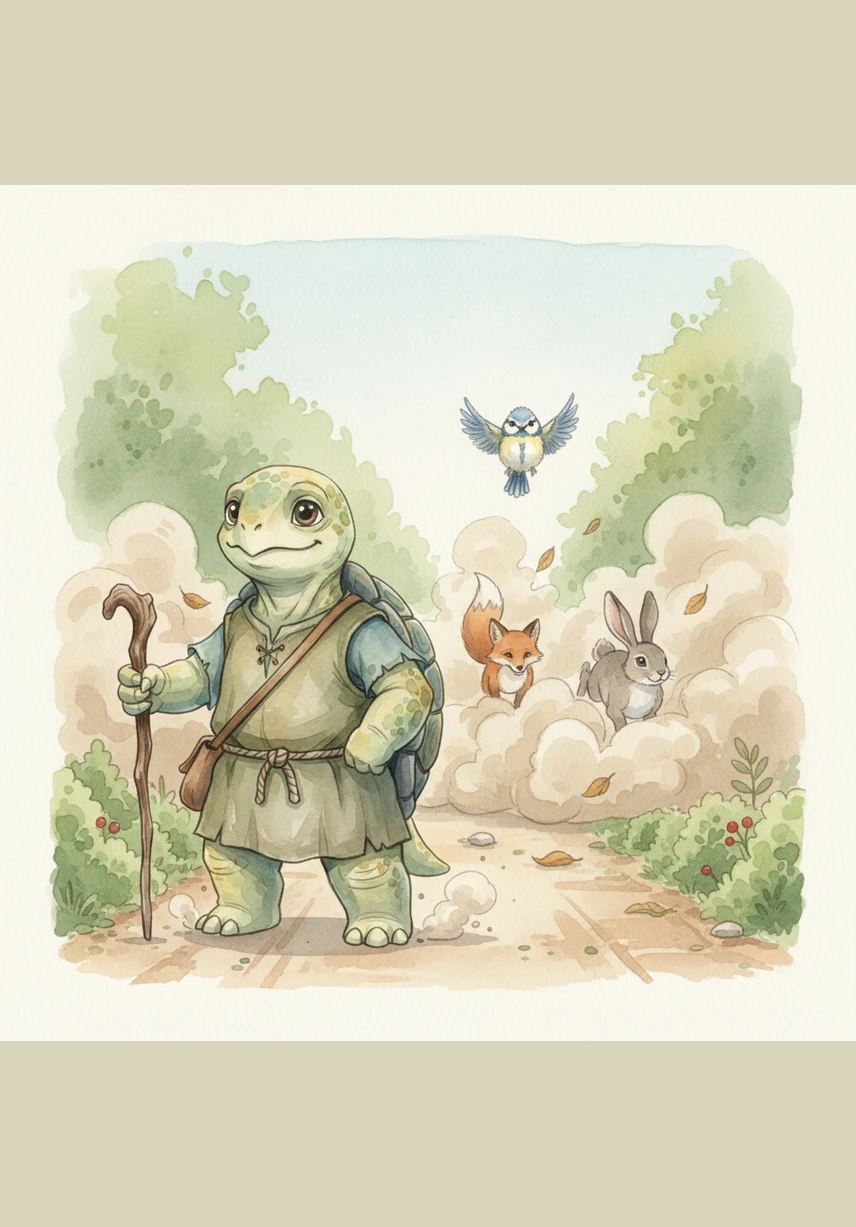 Despite the laughter, Frank did not give up and promised himself that he would simply try his very best. When the race finally began, the other animals vanished into the distance in a cloud of dust, while Frank started his journey with one slow, deliberate step.