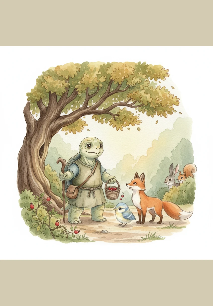 Frank knew he was in a race, but he stopped anyway because helping a friend was more important than winning. He gently lifted the little bird onto his shell and carefully carried it back up to its nest, making sure it was safe and sound.