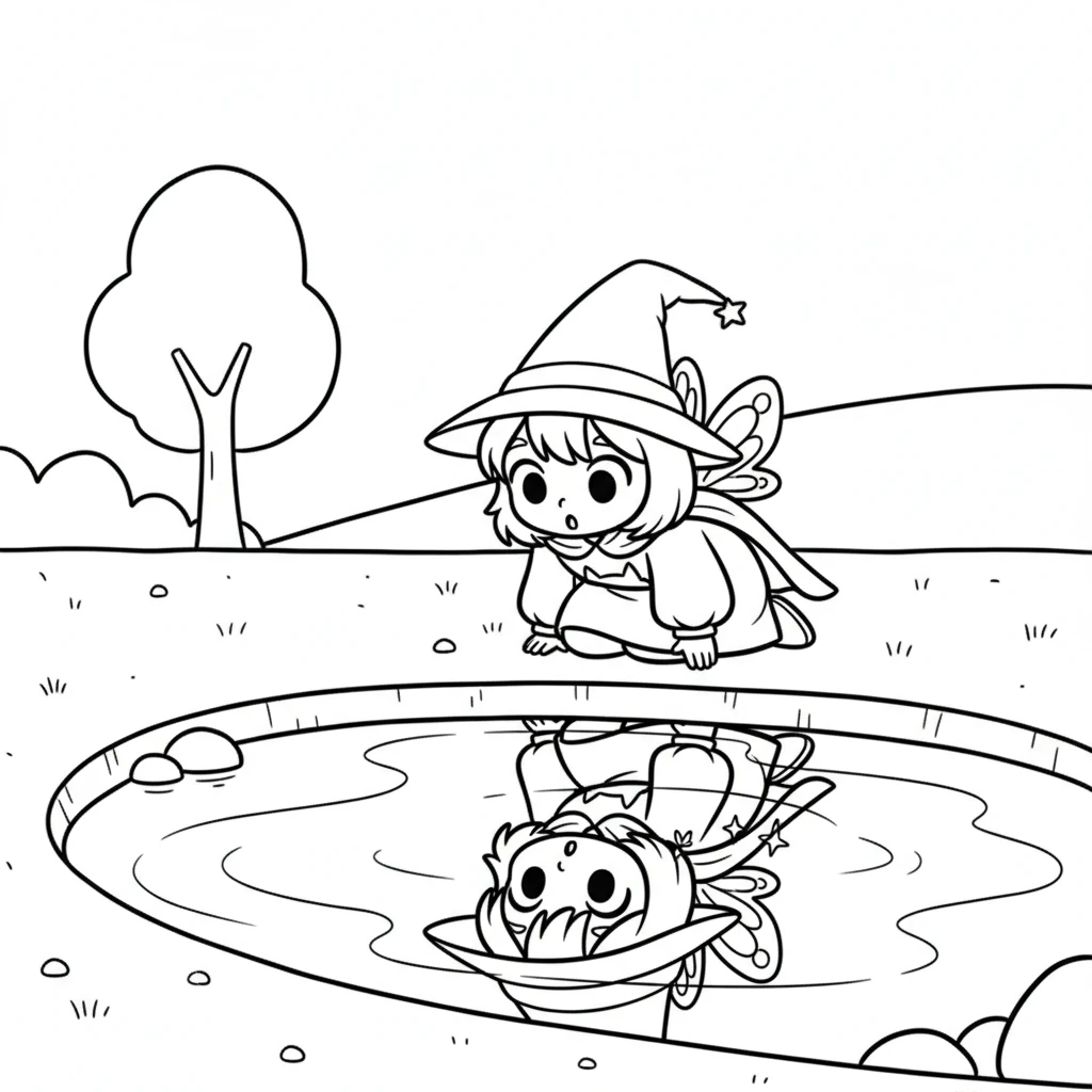 Luna peered into the pond and saw her own reflection. But something was different; tiny, delicate wings sparkled on her back in the water. She blinked in surprise.