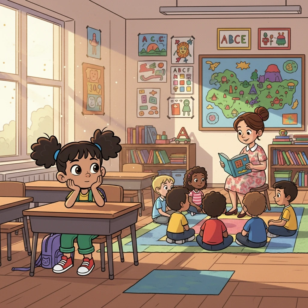 Lily sat in Mrs. Brown's 3rd-grade class, listening to a story about explorers. Sunlight streamed through the windows, illuminating dust motes dancing in the air. The classroom buzzed with the quiet energy of learning, full of colorful artwork and happy chatter.