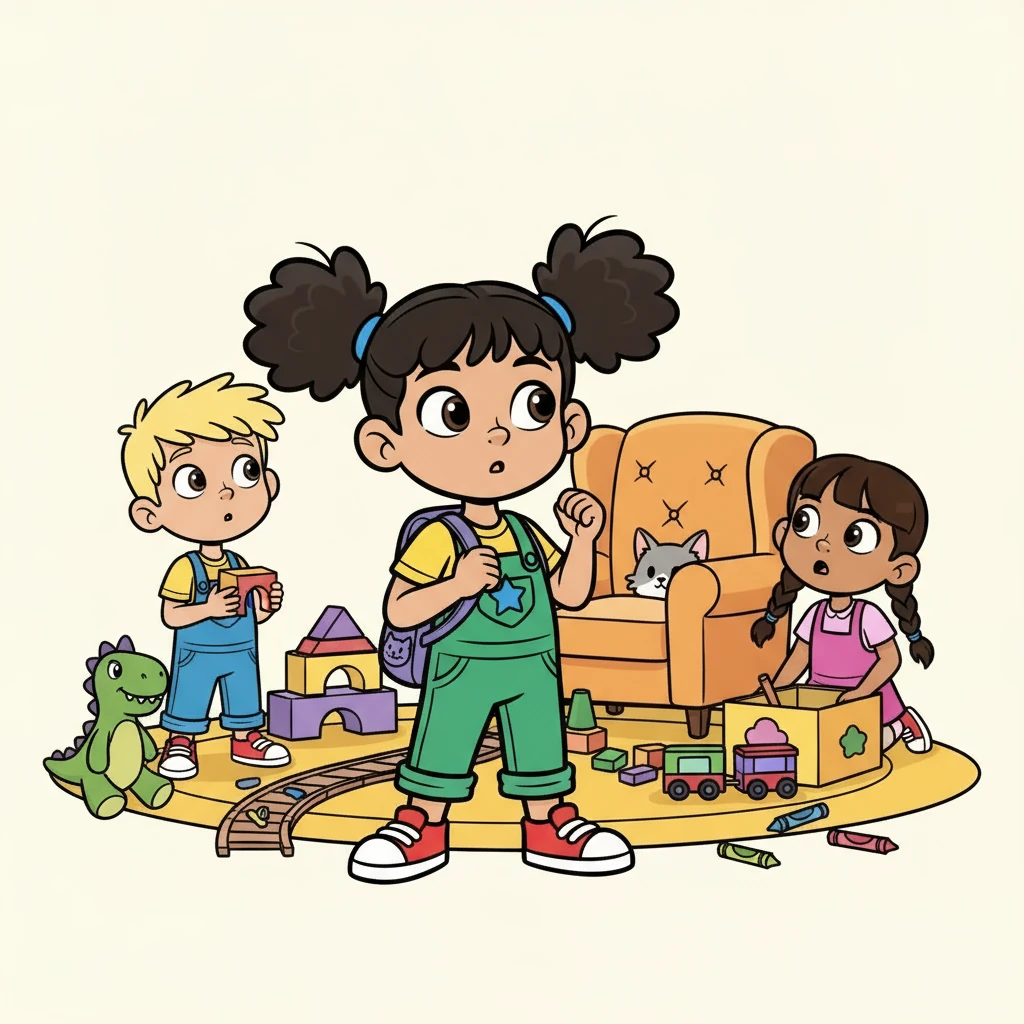 Suddenly, a strange noise echoed from the back of the room. It sounded like a soft 'meow'. All the children stopped what they were doing and looked around, their eyes wide with curiosity and wonder.