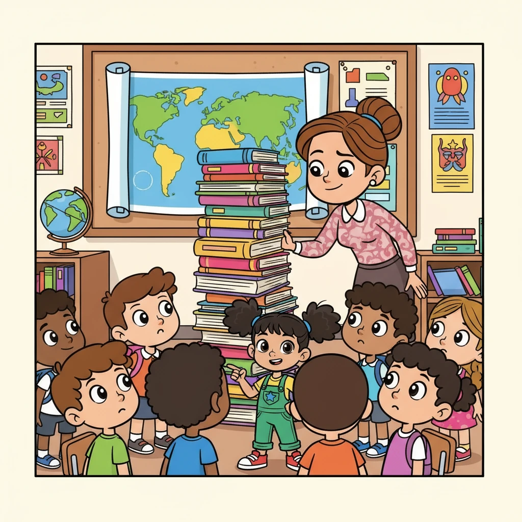 Mrs. Brown, a kind teacher with a warm smile, walked towards the back, her brow furrowed in concentration. She peered behind a stack of books and a large, colorful map of the world. The children watched with bated breath.