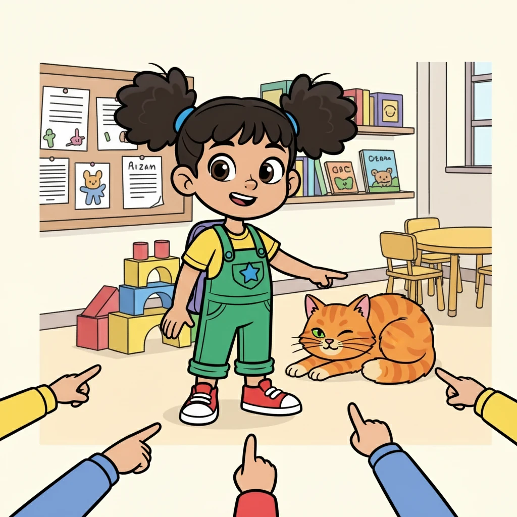 There, curled up in a corner, was a fluffy, ginger cat! It was Frank, Mrs. Brown's cat! He blinked sleepily at the class, his green eyes gleaming. The children erupted in giggles and delighted gasps.