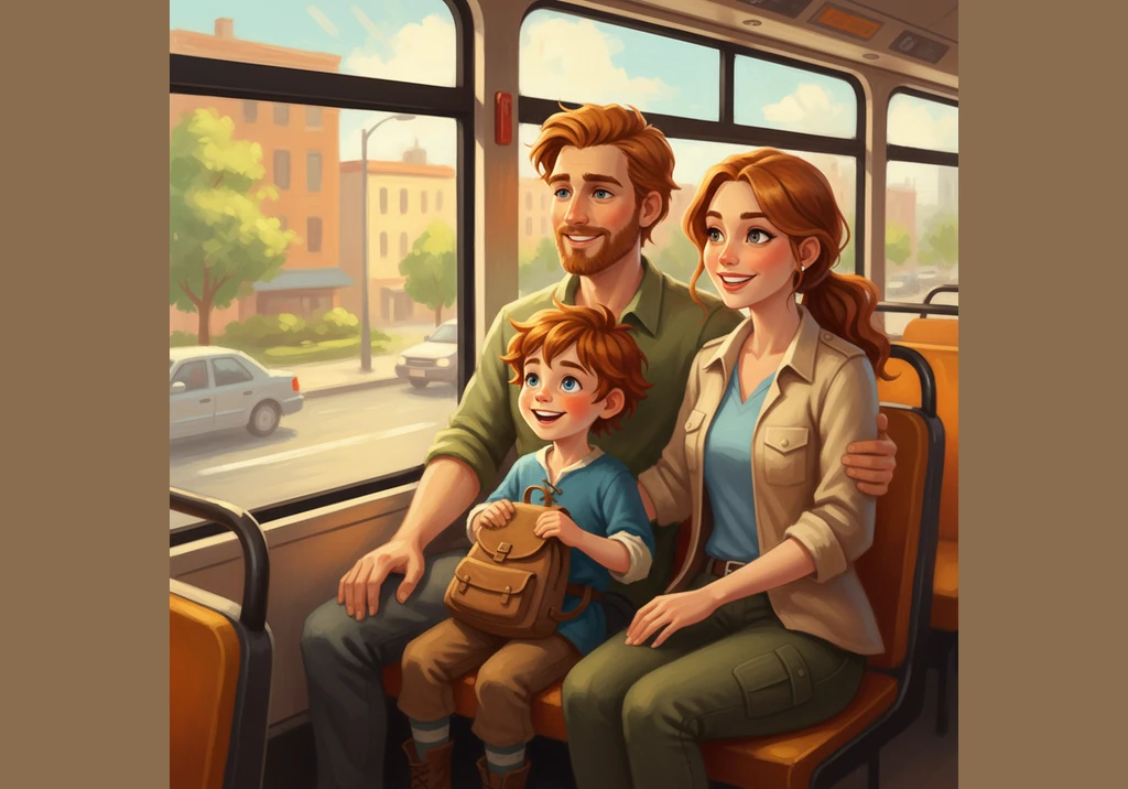 Timmy and his parents sit excitedly on a bright city bus, looking out the window as they head toward a day of adventure. The sun is shining, and Timmy