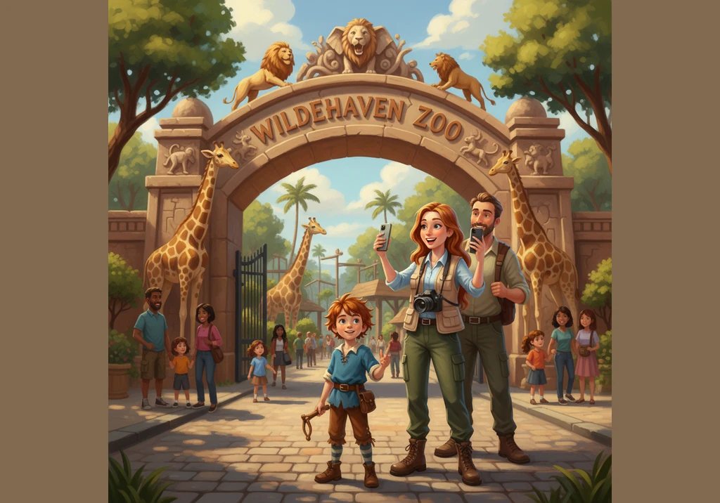 After stepping off the bus, the family walks toward the grand entrance of the zoo. The colorful gate is decorated with animal shapes, and Timmy’s eyes