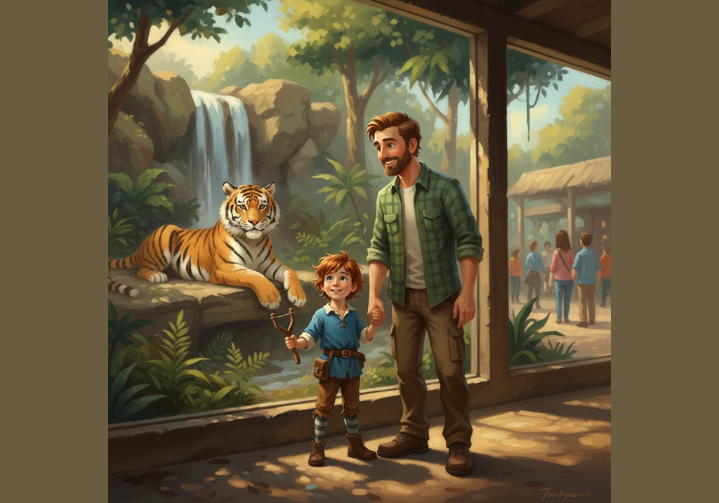 Their first stop is the tiger enclosure, where two magnificent tigers are lounging peacefully on the soft green grass. They look incredibly strong and