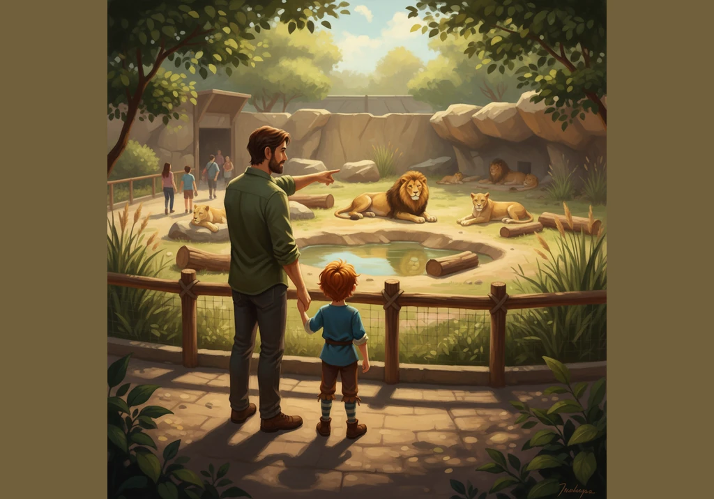 Next, Timmy hears a mighty sound and finds two lions inside a large enclosure. The lions let out impressive roars, showing off their long tails and th