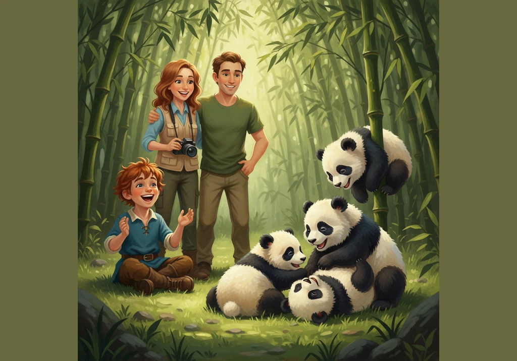 In a cozy area filled with bamboo, four adorable pandas are tumbling and playing together. Timmy giggles as he watches the lovely bears climb and roll