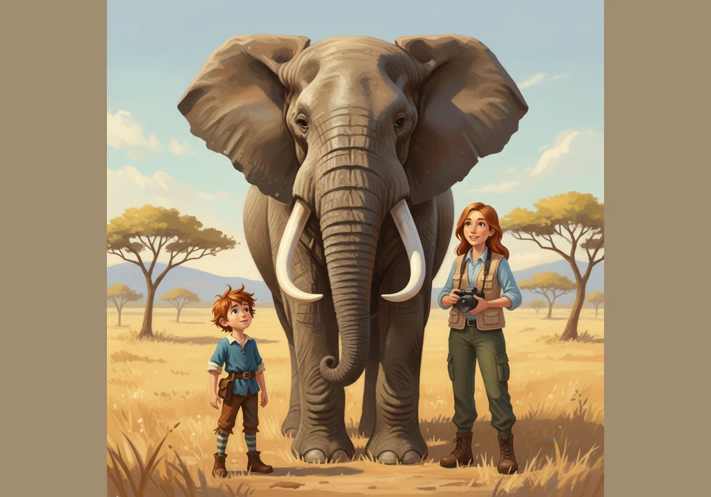 A giant elephant stands nearby, flapping its two enormous ears to keep cool in the afternoon heat. Timmy marvels at its long, flexible trunk and the p
