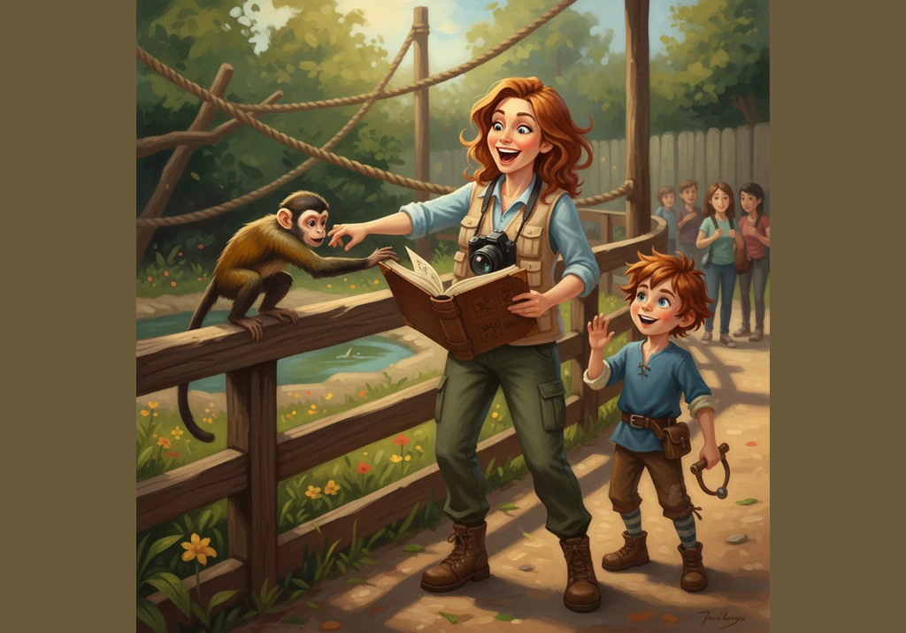 Suddenly, a cheeky monkey jumps onto the fence, reaching out because it wants to take the banana Timmy is holding. Timmy looks closer and sees six mon