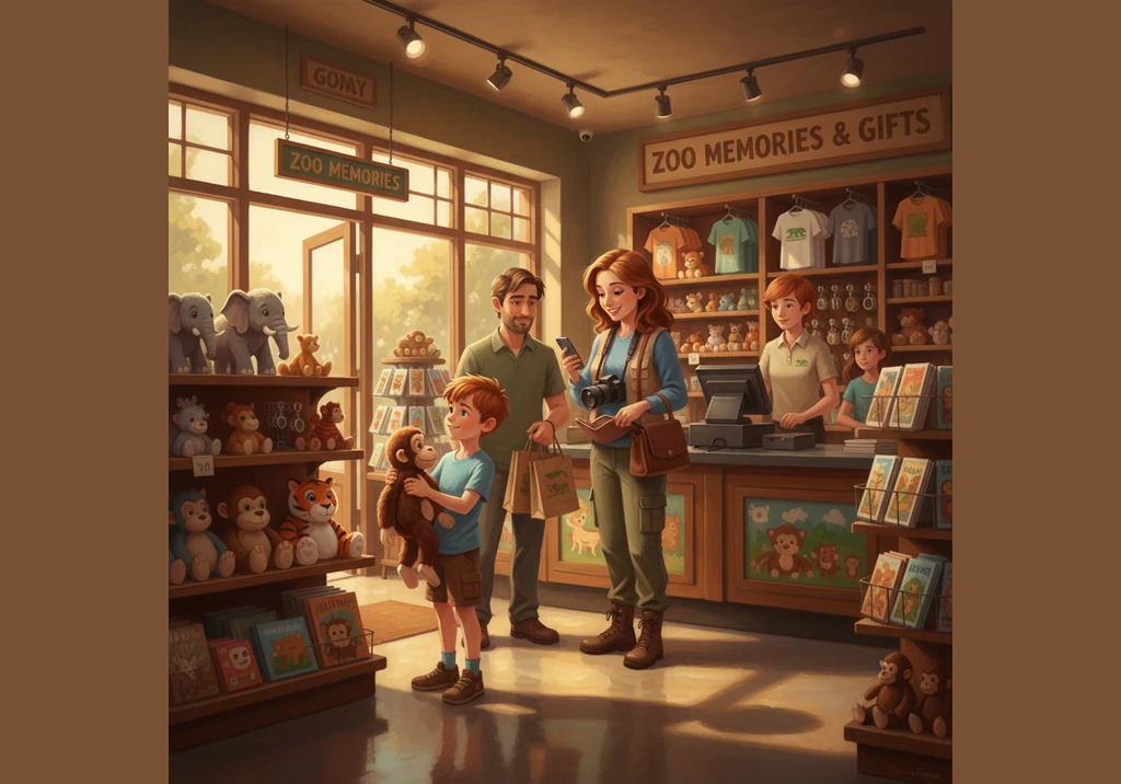 At four o'clock, the family visits the zoo gift shop to find a special souvenir before it is time to go home. Timmy picks out a bright T-shirt with a