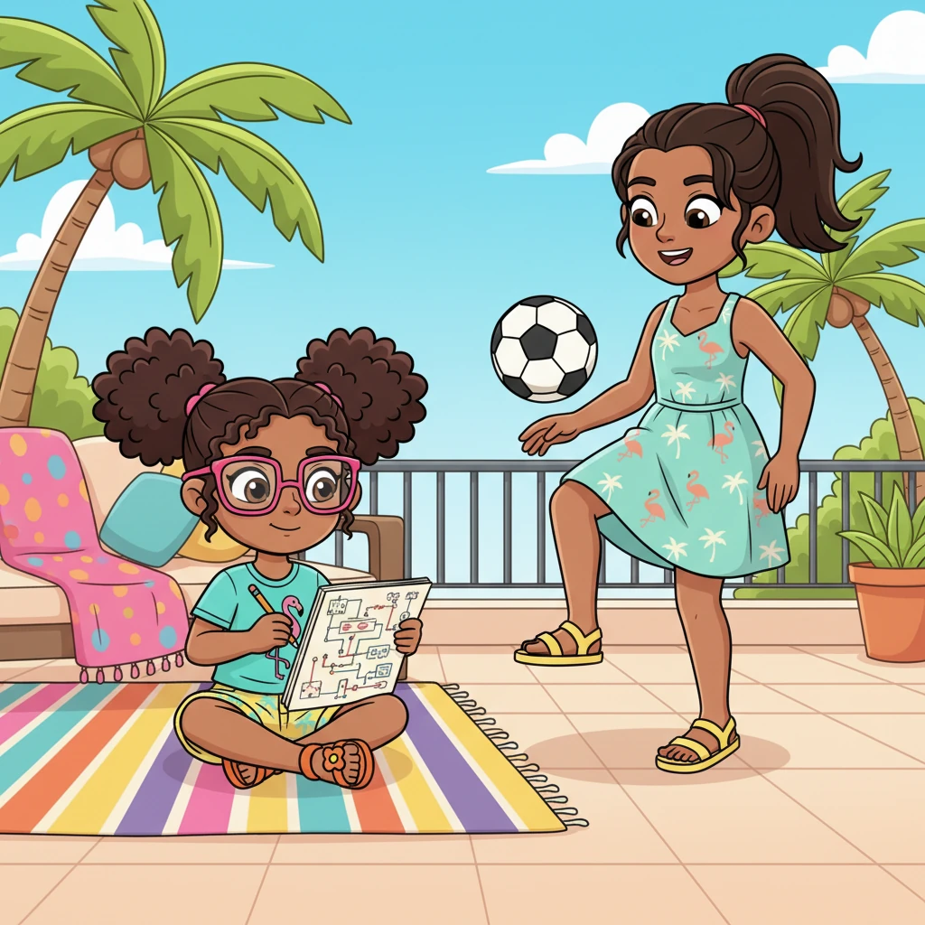 Ashley, 9, with her bright pink glasses and a curious expression, is sketching a complex circuit diagram in her notebook. Bella, 16, with her hair in a sporty ponytail, juggles a soccer ball nearby on a sun-drenched Miami patio, palm trees swaying gently. Their vibrant home hums with the warmth of a perfect summer day, hinting at exciting possibilities. The air is filled with cheerful energy as they enjoy their afternoon.