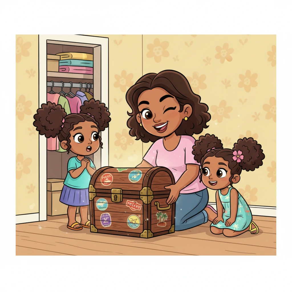 Mom, Sharee, a vibrant woman with a warm smile, brings out a dusty, old wooden chest from a closet. It's adorned with faded travel stickers and looks full of forgotten adventures. Ashley and Bella gather around, their eyes wide with anticipation, wondering what treasures or tales it holds. Sharee winks playfully, inviting them to explore its contents.