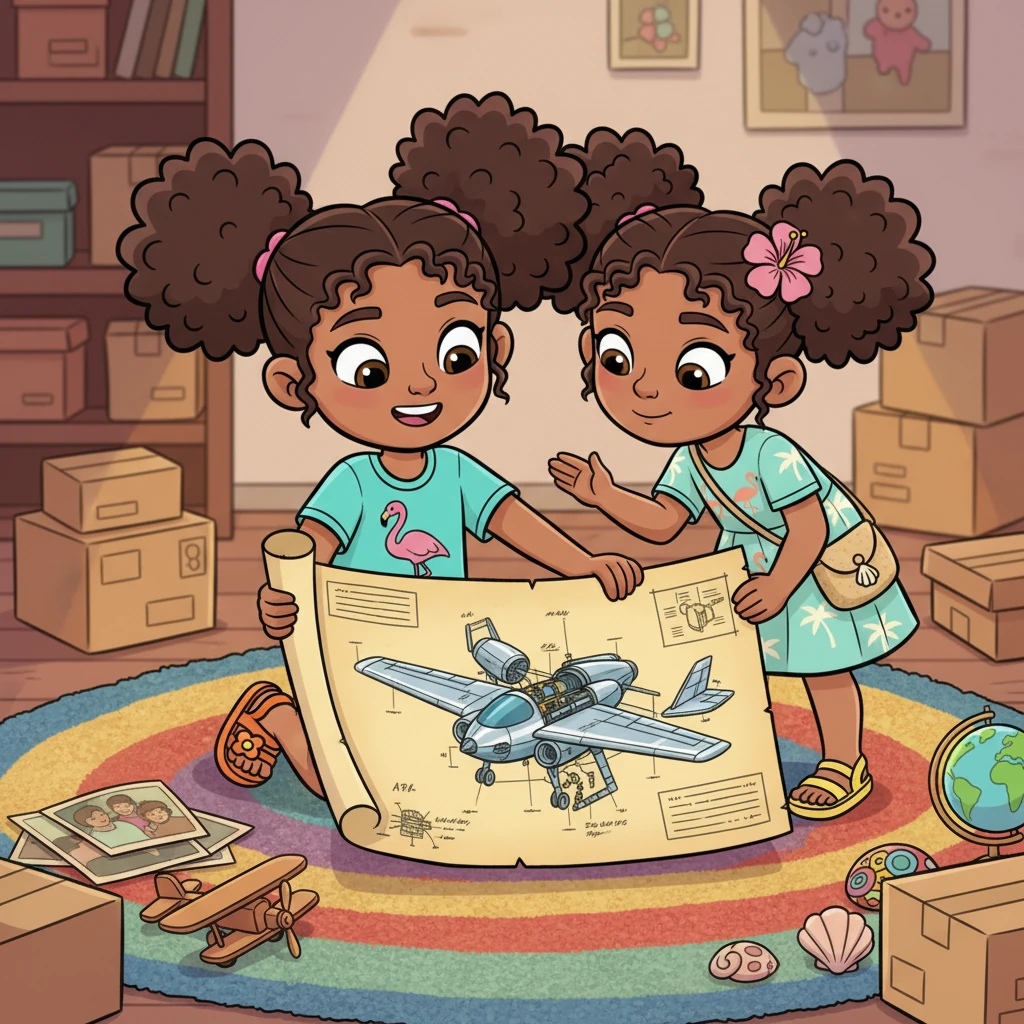 As they sift through old photos and souvenirs, Ashley uncovers a rolled-up blueprint, yellowed with age, depicting a sleek, futuristic-looking aircraft. Its intricate details immediately capture her STEM-loving mind. Bella leans in, fascinated by the elegant lines and the mysterious purpose of the design. A sense of wonder fills the room.