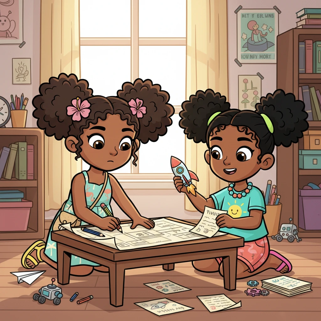 Inspired, Ashley and Bella decide to decode the blueprint together. Ashley, with her keen eye for detail and logical thinking, begins to trace the wiring and components. Bella, with her practical problem-solving skills, helps organize the scattered notes and sketches, turning their study into a fun, collaborative puzzle. They make a dynamic duo, each contributing their unique strengths.