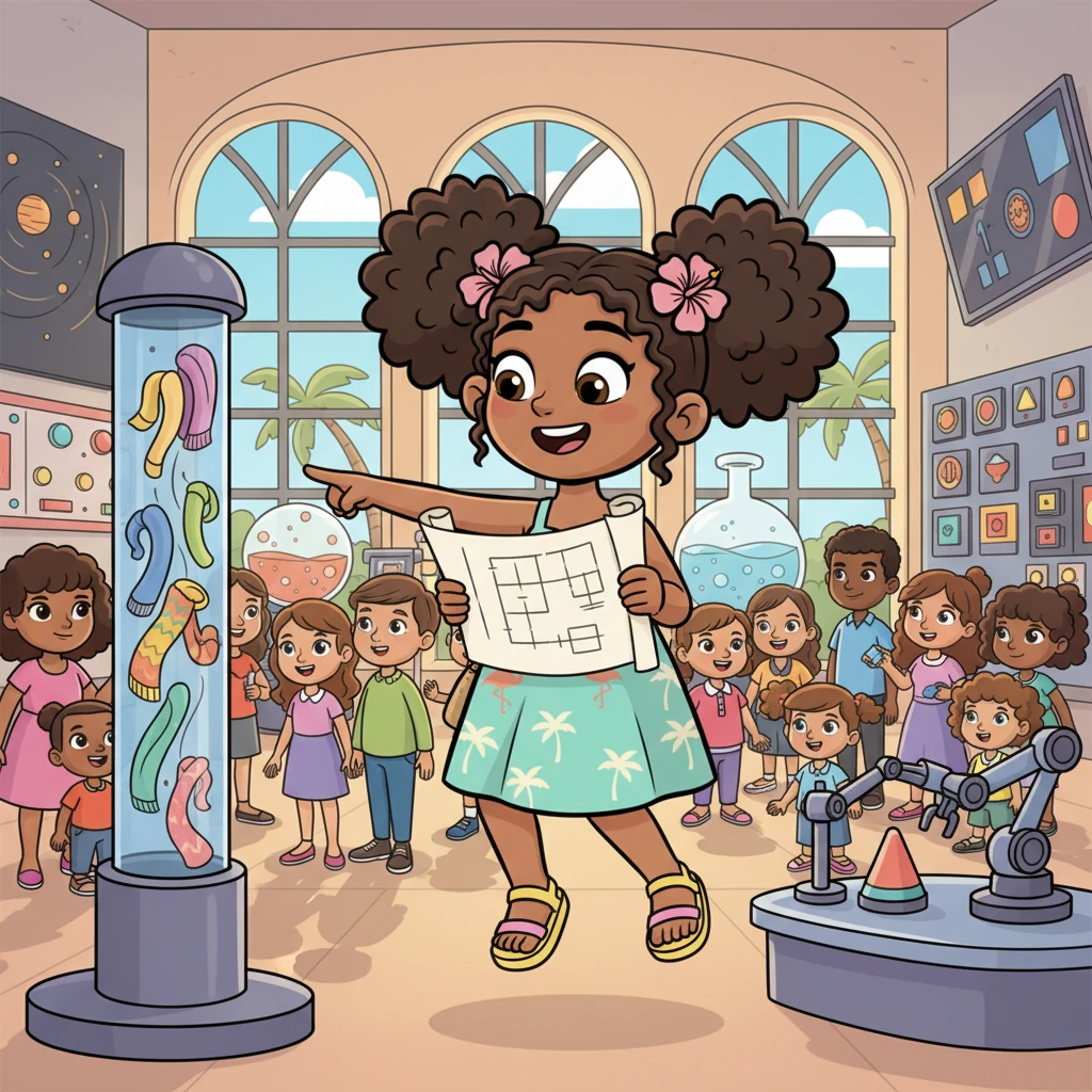 The sisters visit a local interactive science museum in Miami, bustling with cheerful families and colorful exhibits. They search for clues, comparing the blueprint's components to various displays on aerodynamics and robotics. They excitedly point out similar mechanisms, their understanding of Sharee's design growing with each new discovery. The museum's vibrant energy mirrors their own enthusiasm.