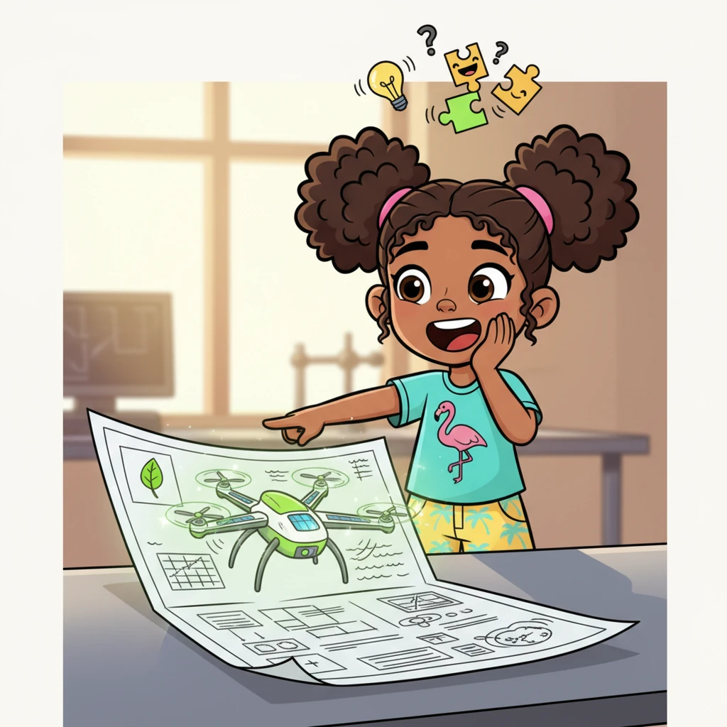 Suddenly, Ashley gasps, pointing to a small symbol. They realize the blueprint isn't for a manned aircraft, but a sophisticated, eco-friendly drone designed for remote environmental monitoring and data collection. Its purpose clicks into place, revealing Sharee's visionary intention to use technology for good. A wave of excitement washes over them as the pieces connect.