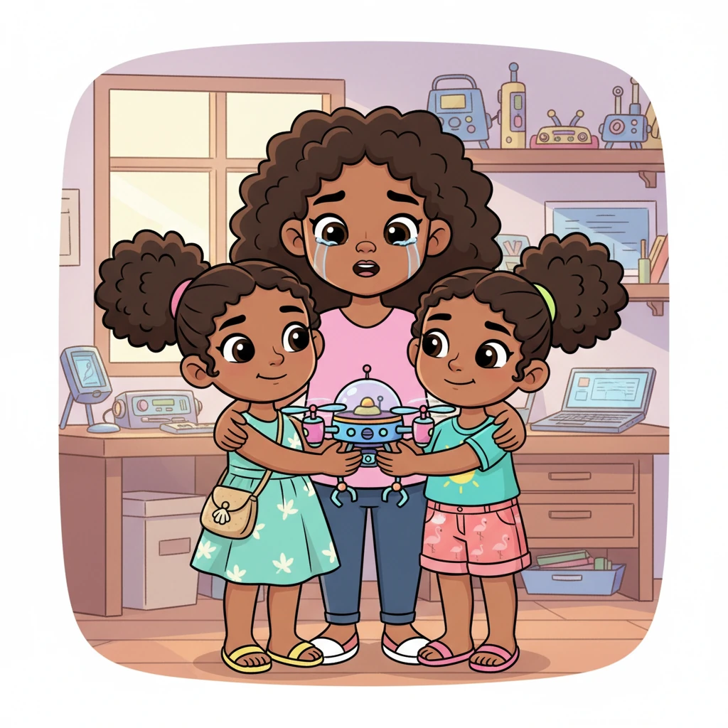 With beaming smiles, Ashley and Bella proudly present their findings to Sharee, explaining the drone's design and purpose. Sharee's eyes well up with joy and pride, confirming their accurate interpretation. She hugs them tightly, revealing that this was her most cherished, unfinished passion project, a dream she never quite completed. It's a truly heartwarming moment of connection.