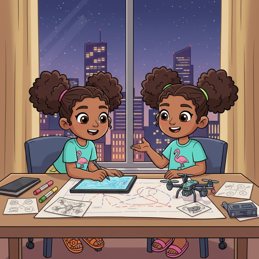 The family, united by their shared discovery, gathers around a table, sketching new ideas for a modern version of Sharee's drone. Ashley adds digital components, Bella suggests new flight patterns for sports events, and Sharee beams, ready to guide their next adventure. The Miami skyline sparkles outside, symbolizing a future filled with innovation, family projects, and soaring dreams.