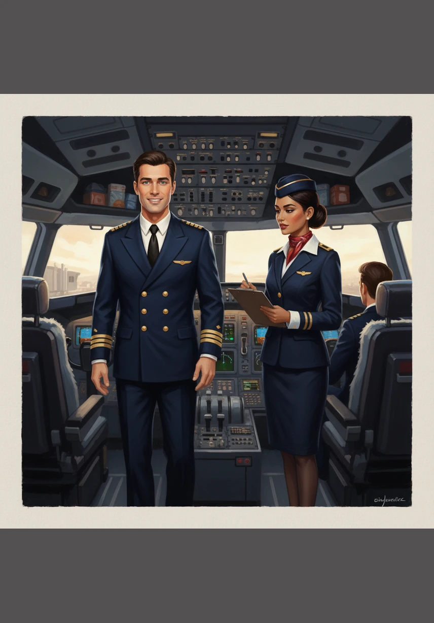 Captain Elias steps onto the flight deck, his uniform crisp and his eyes bright with the excitement of a new journey. Beside him, flight attendant Maya checks the cabin supplies, ensuring every detail is perfect for the passengers who will soon call this plane home.