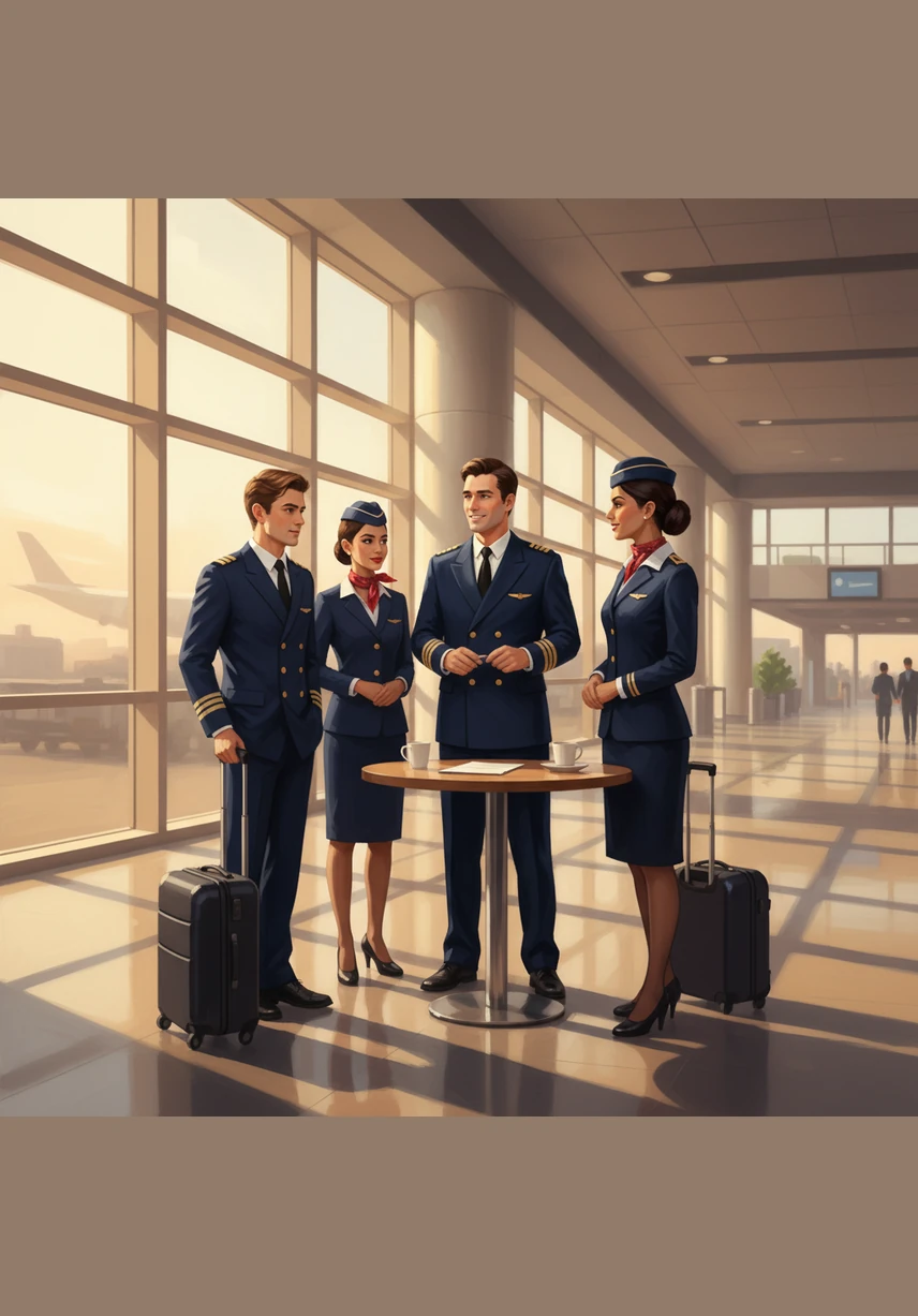 The morning sun streams through the terminal windows as the crew gathers for their final pre-flight briefing. They share a quick smile and a nod of confidence, ready to work together to turn the vast sky into a safe and comfortable passage.