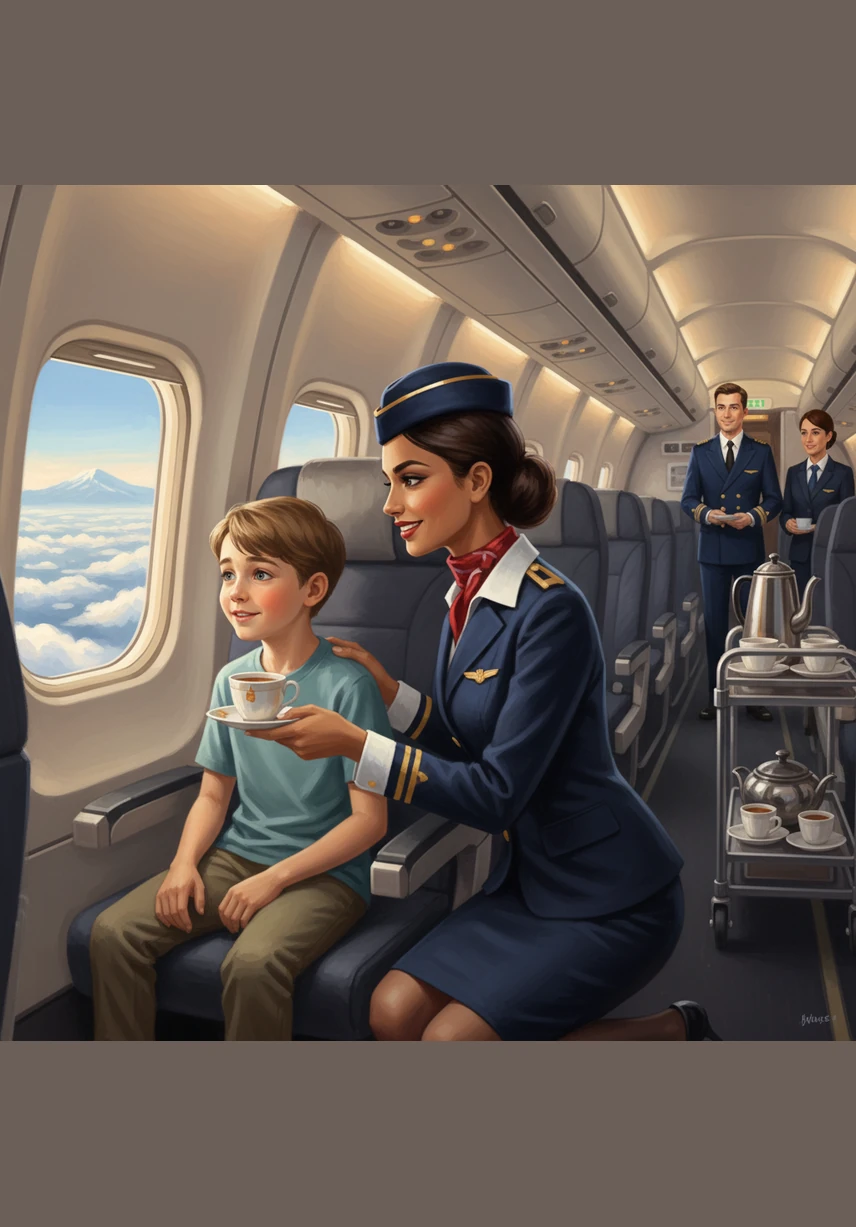 High above the world, Maya moves gracefully through the aisle, offering warm smiles and soothing words to a young traveler flying for the very first time. The cabin is filled with the gentle atmosphere of the aircraft and the soft, comforting clinking of the tea service.