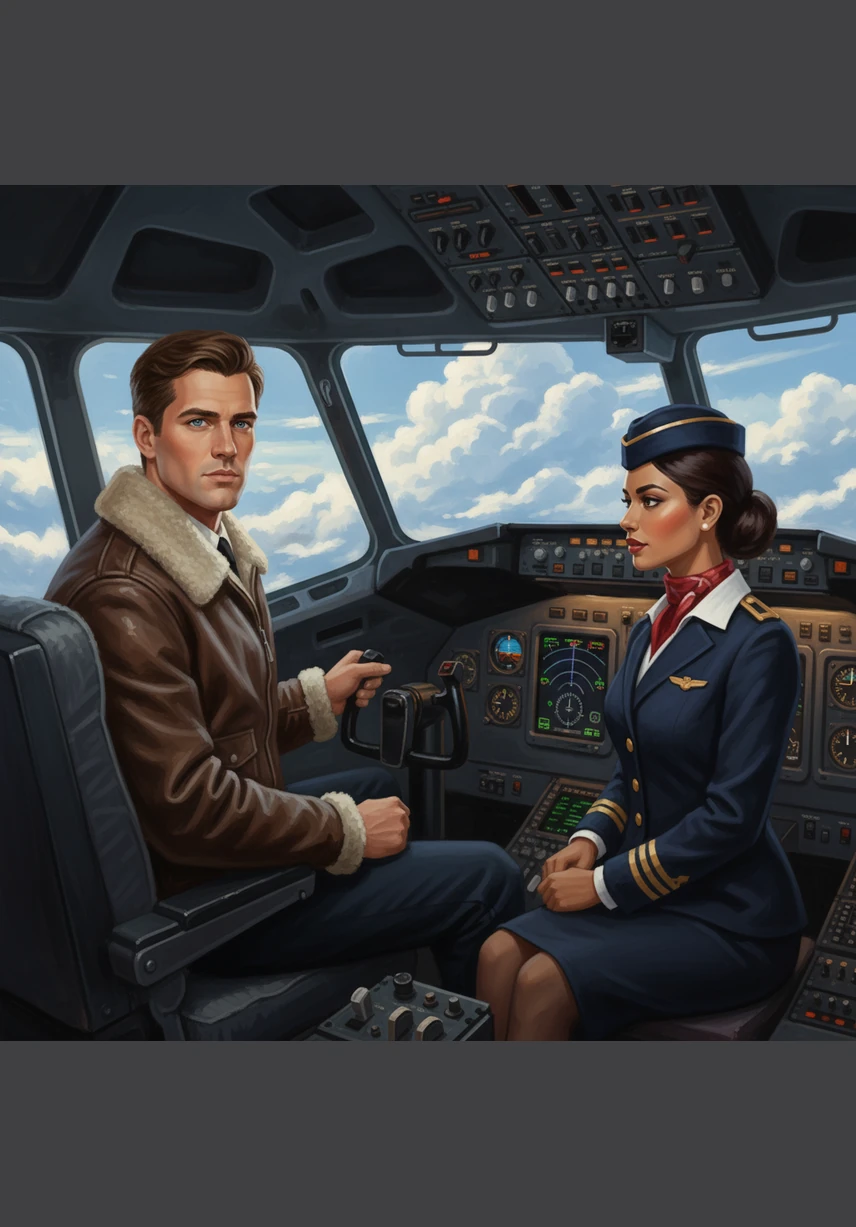 The cockpit windows reveal a breathtaking horizon where the sky transitions from deep indigo to a fiery orange. Elias and his co-pilot monitor the glowing dials and digital screens, navigating the invisible highways of the atmosphere with steady, experienced hands.