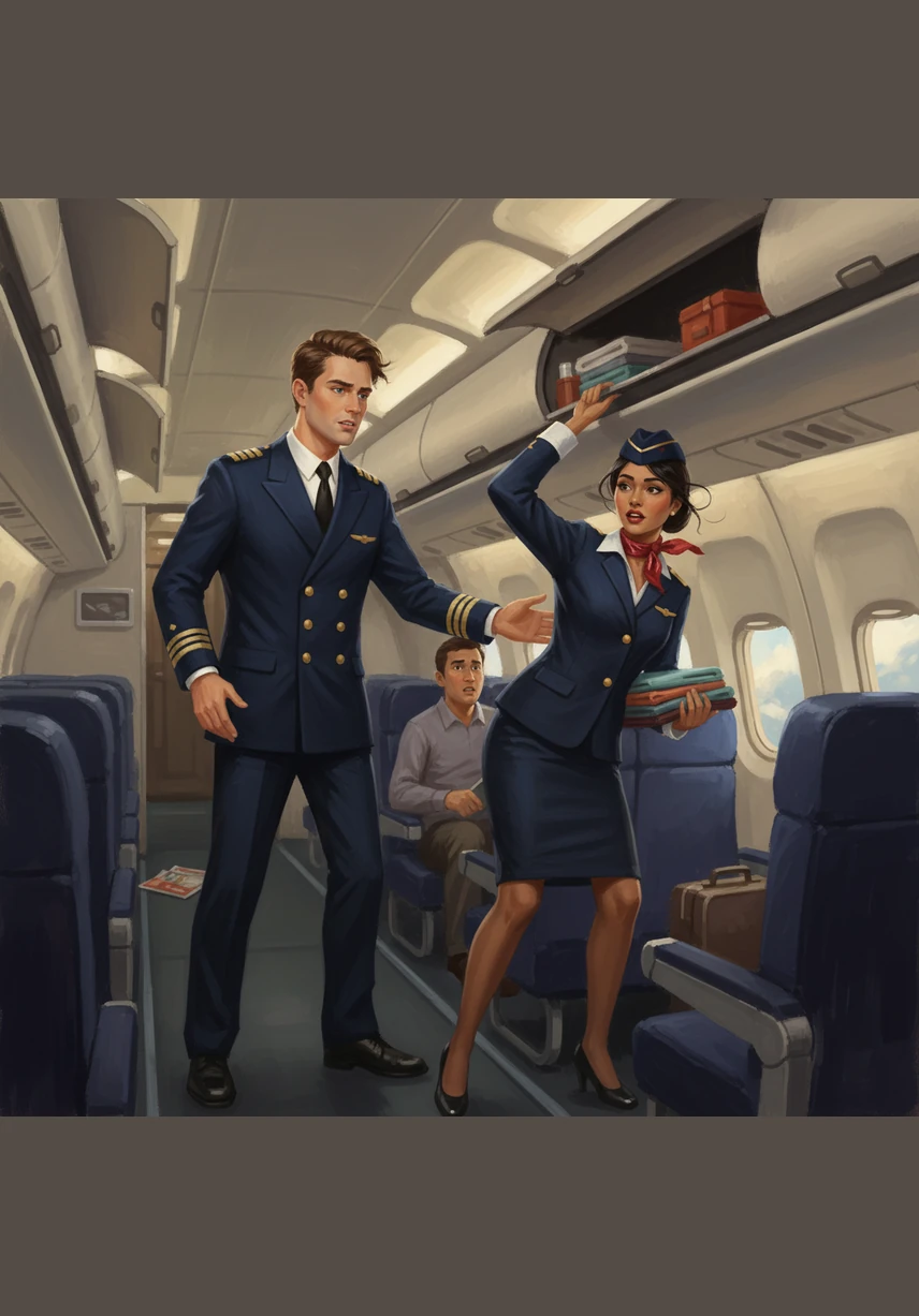 A sudden patch of light turbulence causes the seatbelt sign to chime, but the crew remains calm and composed. Maya moves through the cabin with a reassuring presence, turning a moment of minor worry into a shared experience of safety and professional care.