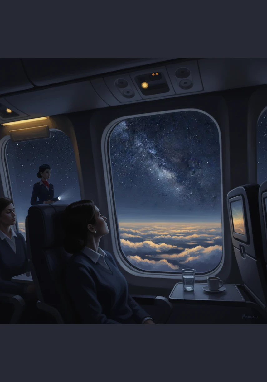 As night begins to fall, the airplane becomes a silent sanctuary cruising beneath a canopy of brilliant, shimmering stars. Inside, the cabin lights are dimmed to a soft violet hue, allowing passengers to rest and dream while the crew keeps a watchful eye over the sleeping world.