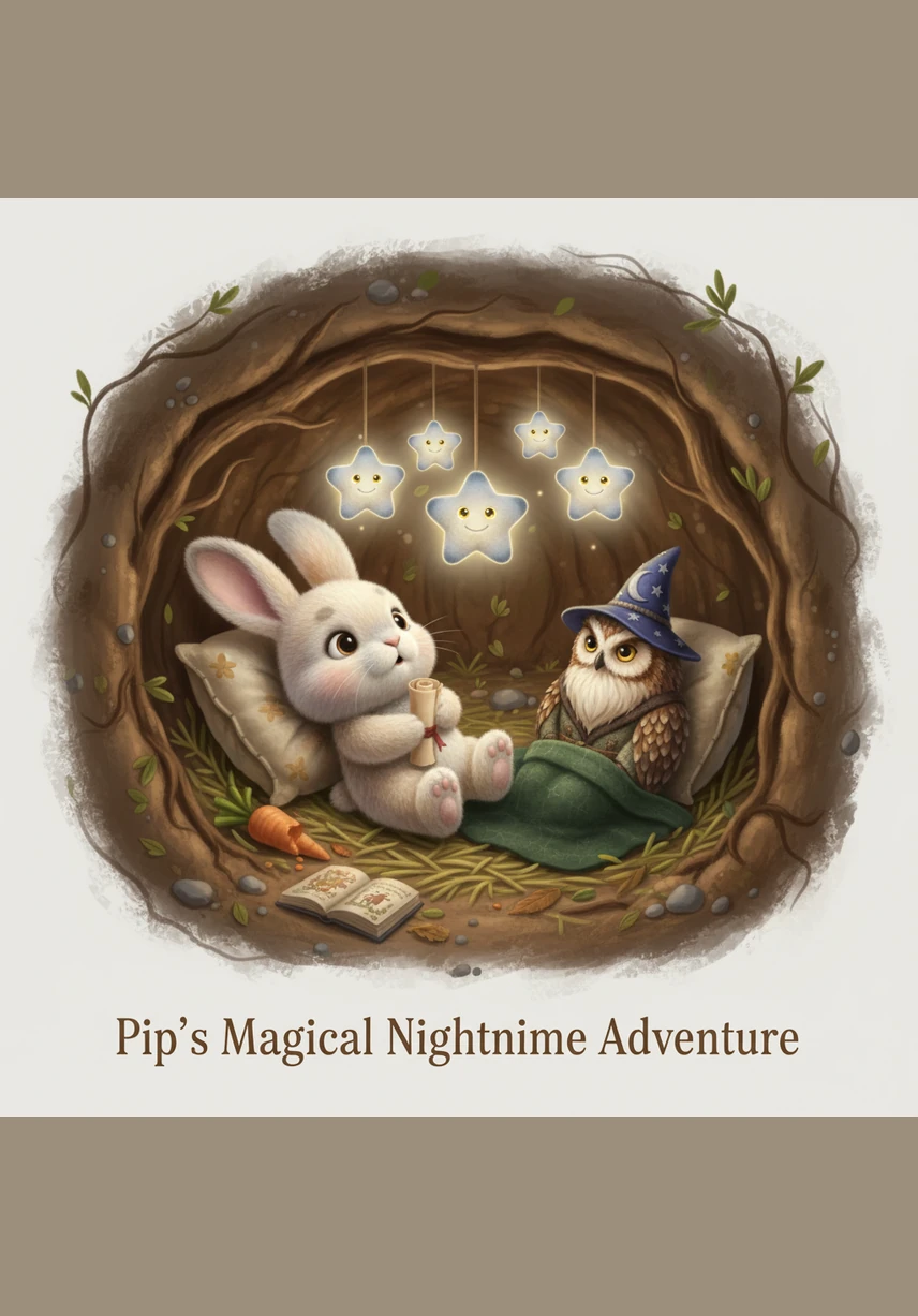 Pip the little rabbit lay in his cozy burrow, watching the silver moonlight dance across his rug. Even though his pillow was soft and his blanket was warm, his eyes simply would not stay shut. He sighed and looked up at the twinkling stars outside his window, wondering what secrets the night held.