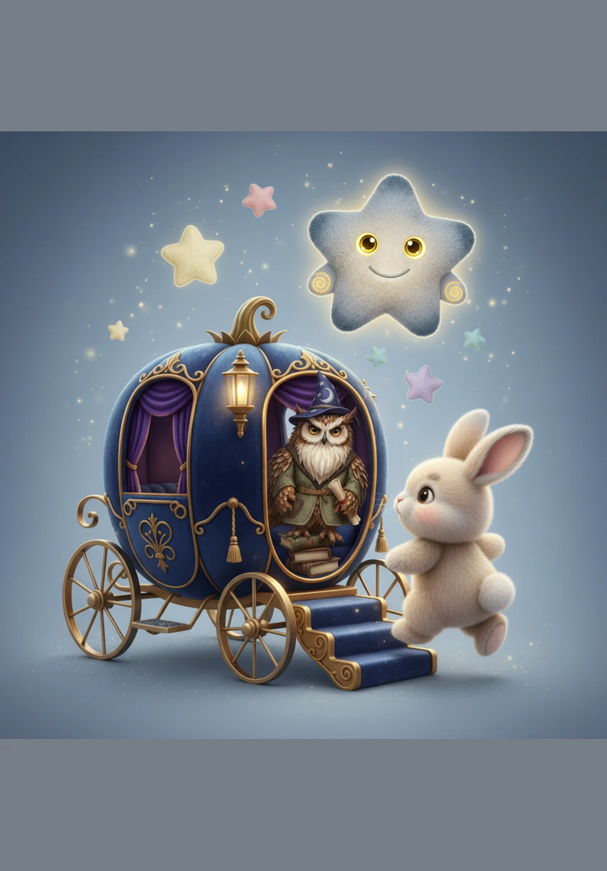 Pip hopped onto the velvet-lined carriage and was greeted by a wise old Owl wearing a golden conductor's hat. The Owl gave a gentle hoot and handed Pip a ticket made of a single, shimmering leaf. With a soft whistle, the train began to float upward, leaving the ground far below.