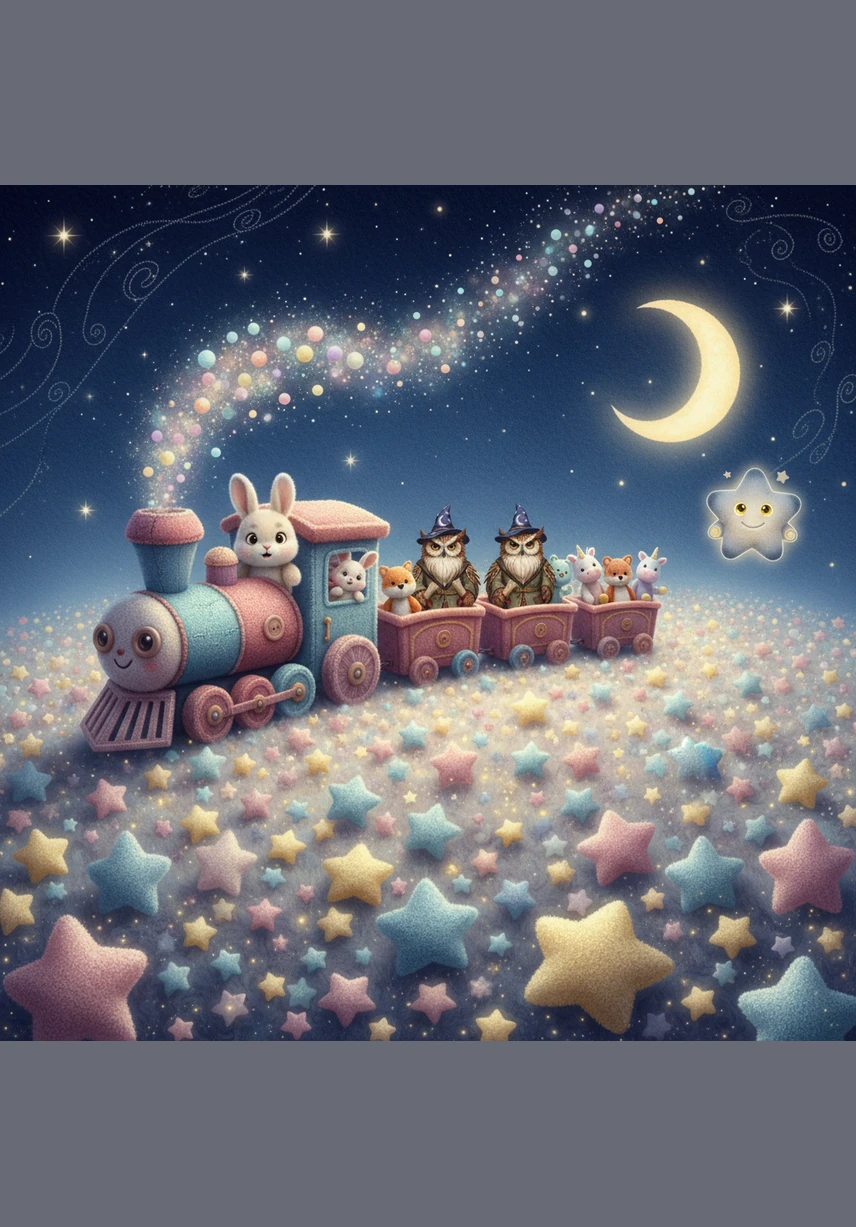 Next, the train soared over the Sea of Stars, a vast ocean where the waves were made of liquid silver. Glowing fish jumped out of the water, leaving trails of sparkling dust that looked like tiny fireworks. Pip leaned out the window, watching the reflections of the moon ripple across the deep blue surface.