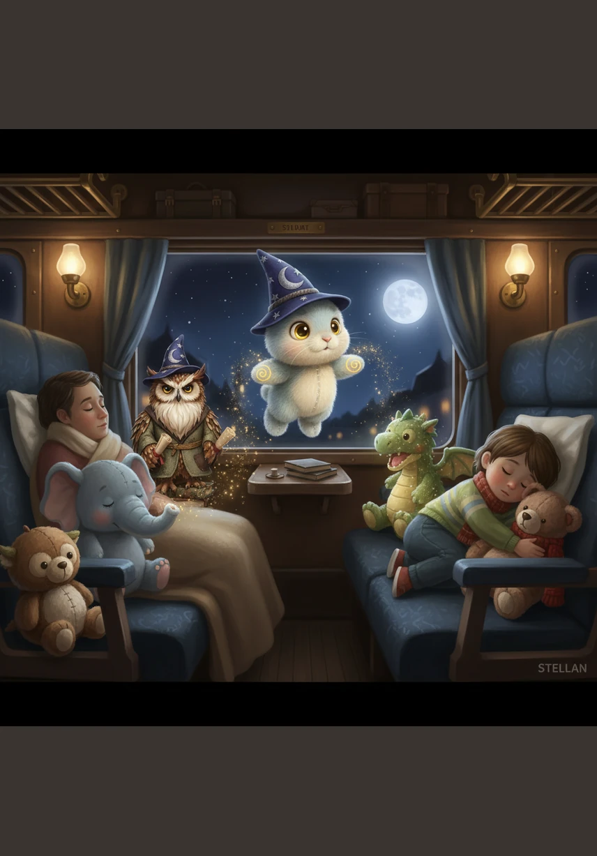 A friendly star drifted close to the train and landed softly on the railing next to Pip. It glowed with a warm, amber light and whispered a secret about the morning sun. The star gave Pip a tiny glass jar filled with golden stardust to keep him safe throughout the night.