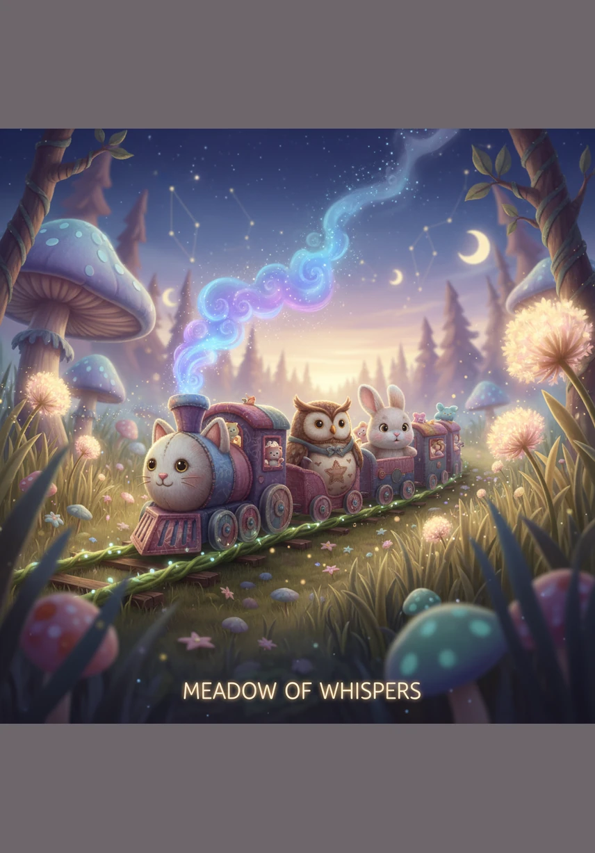 The train then slowed as it entered the Meadow of Whispers, where the tall grass hummed a gentle melody. Every flower bowed its head as the train passed, singing a soft lullaby that made Pip’s eyelids feel very heavy. The sound was like a thousand tiny bells ringing in the distance.