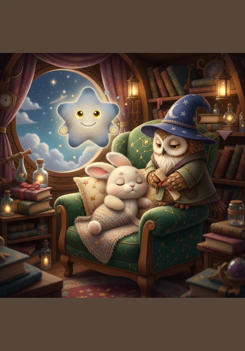 Back inside the carriage, Pip curled up on a soft purple cushion that felt like a giant hug. The rhythm of the train clicking softly along the moonbeams was the most relaxing sound he had ever heard. He let out a long, happy yawn and snuggled deep into the velvet.