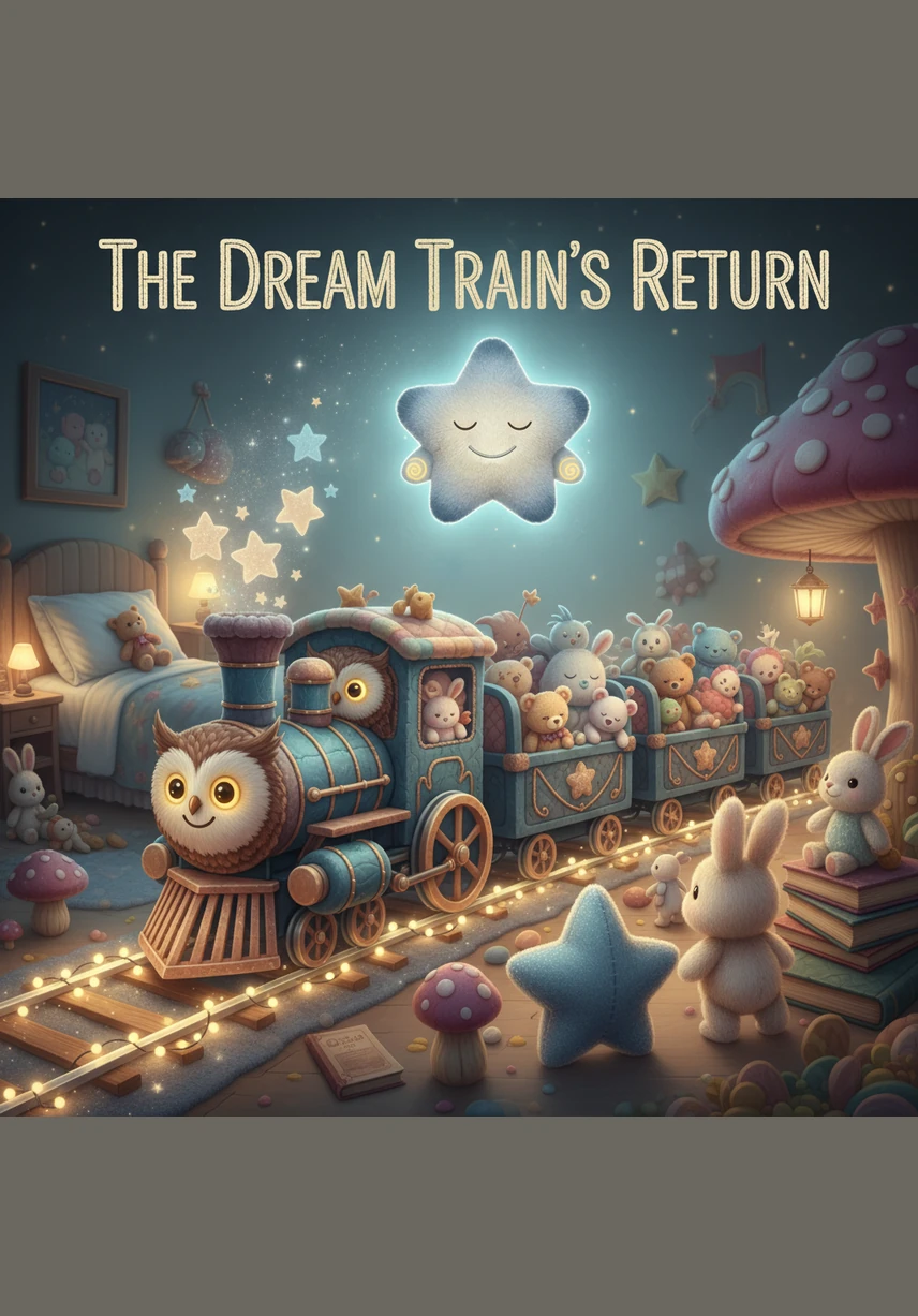 The Dream Train glided back down the moonbeam bridge, returning Pip safely to his bedroom window. The Conductor Owl tipped his hat and whispered a quiet goodbye as the train began to fade into the mist. Pip hopped back into his bed, feeling the coolness of the night air on his fur.