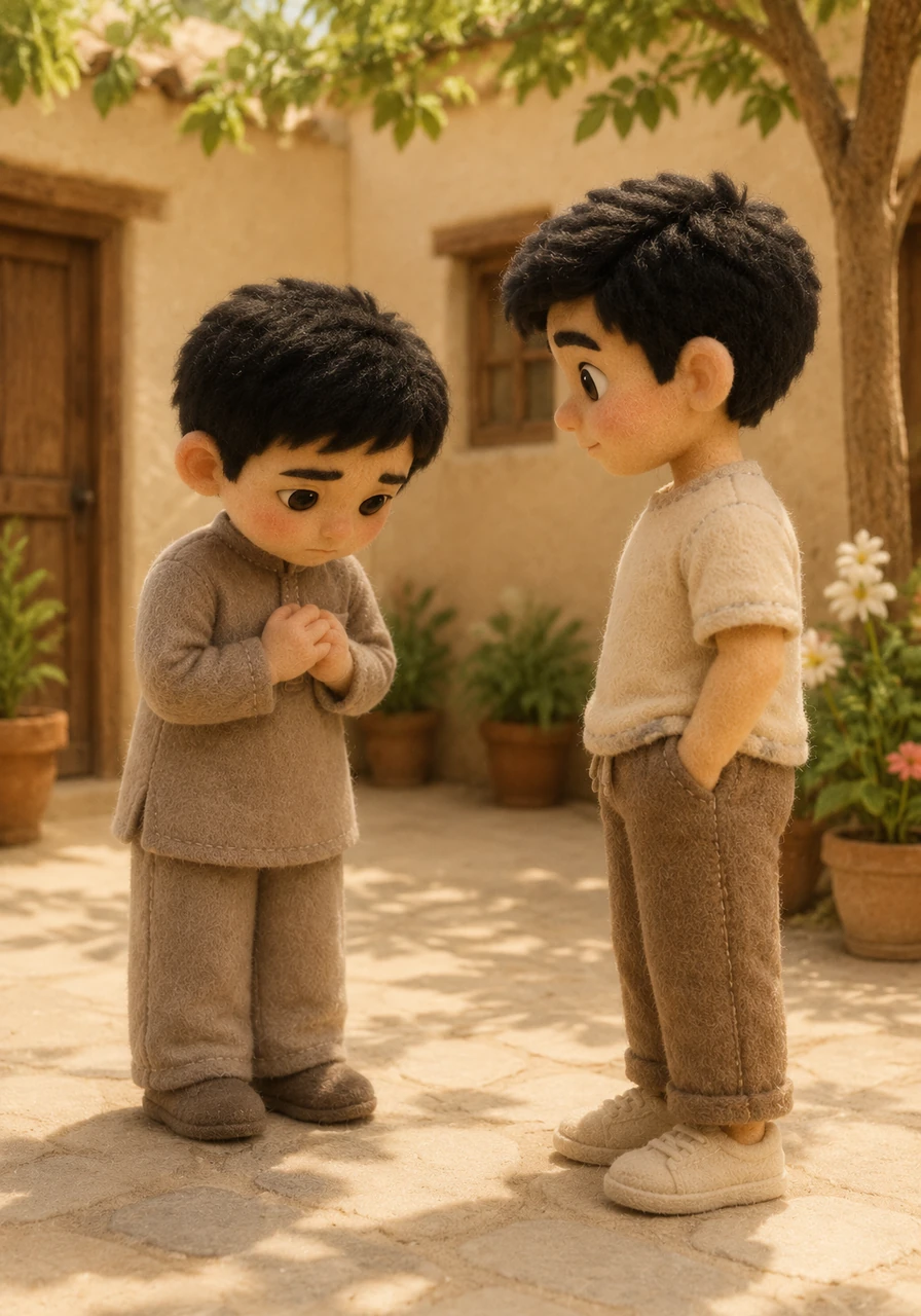 Determined to make things right, Fariko approached Putra in the sunny courtyard to offer a sincere, heartfelt apology. He admitted his complete thoughtlessness and confessed that he only realized the value of their friendship after losing it. Putra listened in silence, his expression heavy with conflicting emotions.