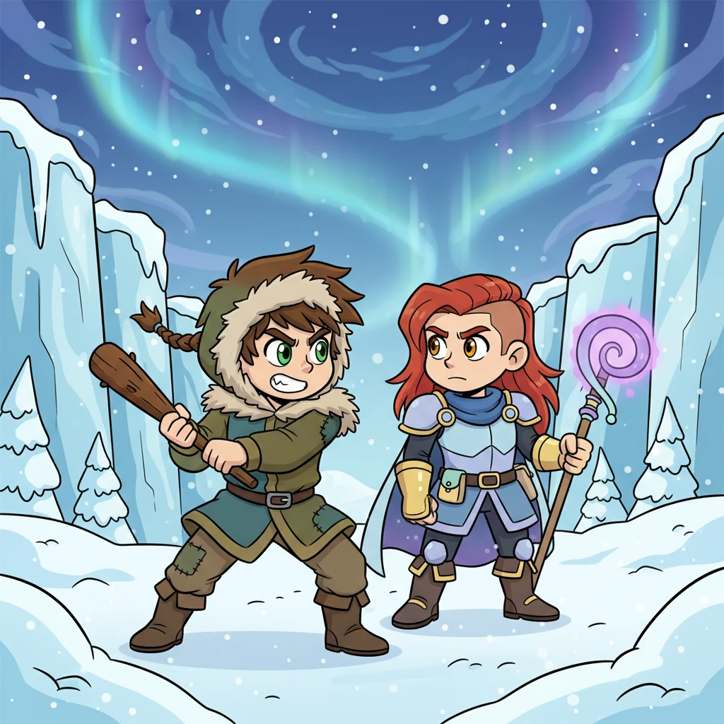 Kaos, un quindicenne dai capelli castani disordinati e occhi verdi, combatte con una ferocia sorprendente, la sua piccola treccia svolazzante. Accanto a lui, Armes, con i suoi capelli rossi lunghi e rasati su un lato, osserva con occhi nocciola un nemico che si avvicina. Il loro campo base, il Fortino di Ghiacciolungo, è un luogo freddo ma accogliente, circondato da mura di ghiaccio scintillanti sotto un cielo invernale.