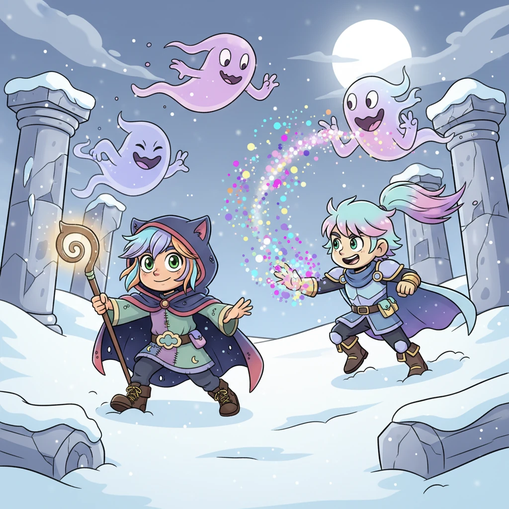 In mezzo alle rovine di un antico santuario innevato, Kaos e Armes affrontano i Risvegliati, creature spettrali ma con un tocco giocoso nell'animazione. Kaos si muove con agilità felina, la sua spada luccicante e i suoi occhi verdi fissi sul bersaglio. Armes lancia incantesimi colorati che brillano nell'aria gelida, dimostrando una magia segreta e potente, mentre il suo codino rosso svolazza nel vento.