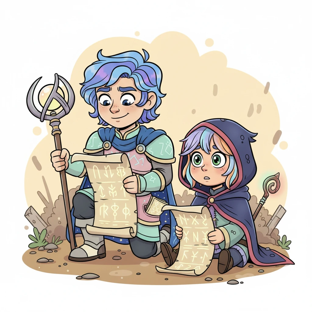 Dopo la battaglia, Armes, con un'espressione astuta ma affettuosa, esamina delle antiche pergamene disegnate con simboli Nagarth. Kaos è seduto accanto a lui, esausto ma curioso, osservando con i suoi occhi verdi. Armes nasconde discretamente una parte delle formule nella sua giacca, una piccola azione di protezione che Kaos non nota.