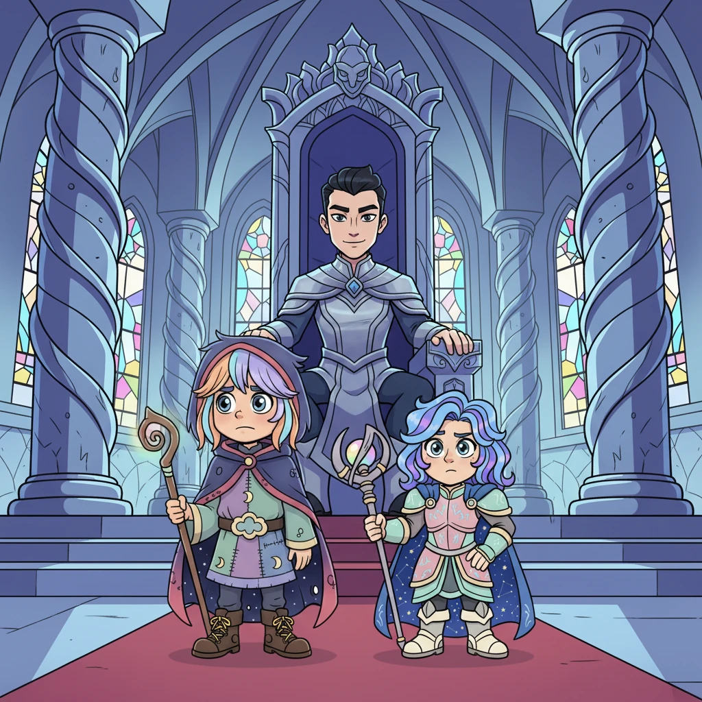 Nella sontuosa ma fredda sala del trono della Capitale, il Maestro Kael, un uomo affascinante e androgino con corti capelli neri, osserva Kaos e Armes con un sorriso enigmatico. Le espressioni dei due ragazzi sono tese, i loro volti che mostrano un mix di diffidenza e preoccupazione. L'ambiente è grandioso, con colonne imponenti e un trono esageratamente alto che li sovrasta.