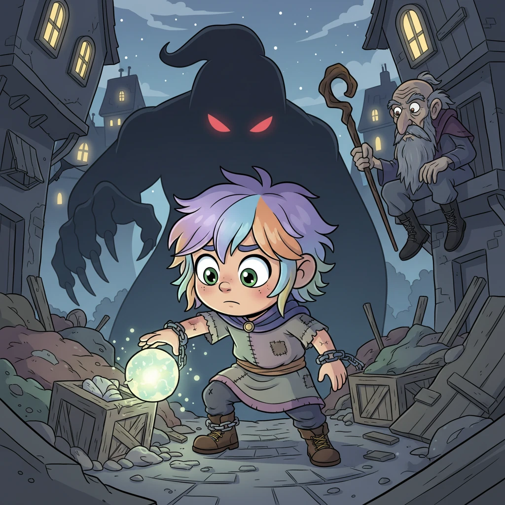 Un flashback mostra un giovane Kaos, molto più piccolo, con gli stessi capelli disordinati, in un ambiente squallido ma stilizzato. È un bambino schiavo, i suoi occhi verdi pieni di paura e determinazione. Un'ombra stilizzata di Yarl incombe su di lui, mentre un anziano Silas, con un'espressione astuta, lo osserva da lontano, addestrandolo tra le ombre della città.