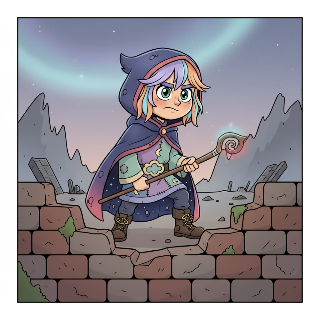 Kaos, ora un po' più grande, con un'espressione indurita ma ancora con un tocco di innocenza infantile nei suoi tratti esagerati, si erge vittorioso ma traumatizzato. La scena suggerisce un atto di autodifesa, con un muro di mattoni stilizzato in primo piano, a simboleggiare il suo passato sepolto. I suoi occhi verdi sono un misto di dolore e risoluzione, la nascita dello “Sciacallo” è compiuta.