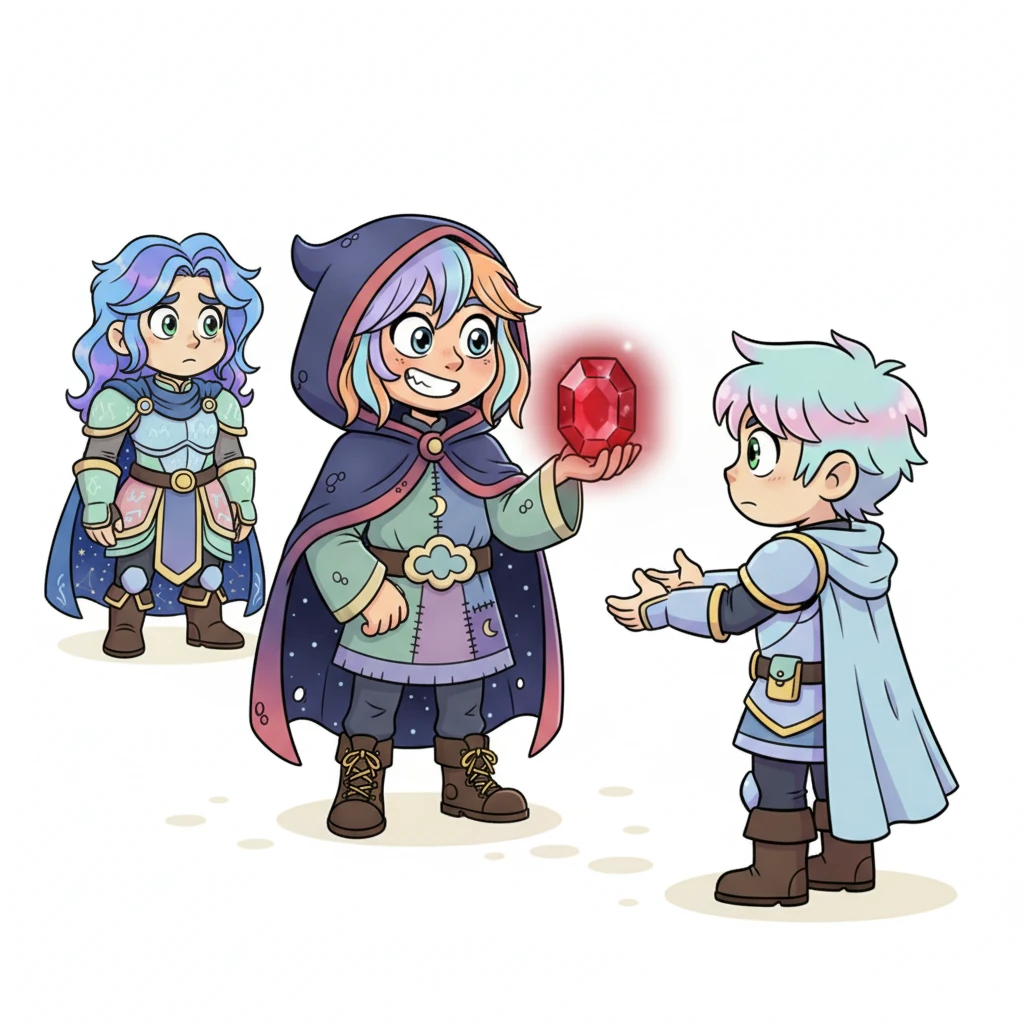 Kael, con un sorriso manipolatore, porge a Kaos una Pietra di Sangue, una gemma rossa scintillante con un'aura misteriosa. Kaos la prende con cautela, i suoi occhi verdi che riflettono la luce della pietra, suggerendo un potere che lo rende instabile e prezioso. Armes osserva da lontano, la sua espressione un misto di preoccupazione e impotenza, il suo sguardo fisso sul giovane guerriero.