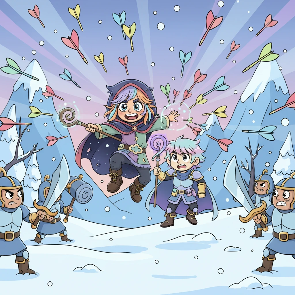 In un paesaggio invernale desolato, con fiocchi di neve giganti che cadono, Kaos e Armes sono circondati da nemici Enkil stilizzati, con armi esagerate. Kaos, con un balzo eroico, si getta davanti ad Armes, intercettando una raffica di dardi avvelenati. La scena è dinamica e drammatica, ma i dardi sono resi in modo giocoso e colorato, un contrasto con la gravità del momento.