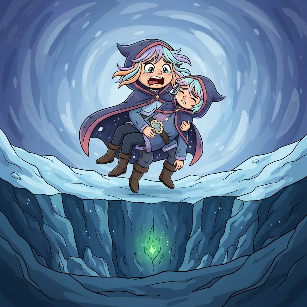 Armes, con il viso contorto dal dolore, tiene tra le braccia il corpo inerte di Kaos, avvolto in un mantello. Con un atto disperato di amore non dichiarato, si getta nel baratro ghiacciato, il suo volto una maschera di disperazione. Sotto di loro, in un crepaccio blu profondo, si intravede una flebile luce verde: Kaos respira ancora, ma il veleno Enkil si diffonde nelle sue vene.