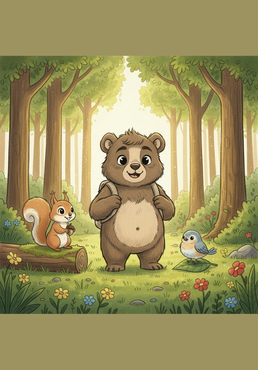 Barnaby the small bear stands in a sunny forest clearing surrounded by tall trees and blooming wildflowers. He wears a friendly smile and looks ready for a day of adventure under the bright morning sun.