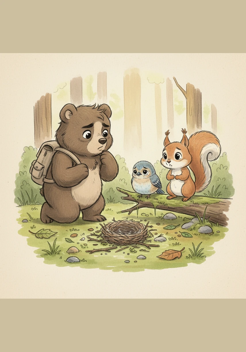 Barnaby finds a tiny bird sitting sadly on a low branch because its nest fell to the ground. He looks at the scattered twigs and moss, wondering how he can help his feathered friend.