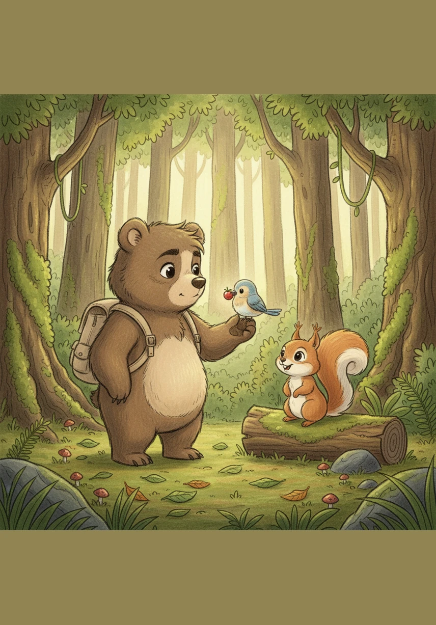 With great care, Barnaby uses his paws to gather soft grass and sturdy sticks to help the bird rebuild its home. He reaches up high to place the nest safely back on a sturdy branch.