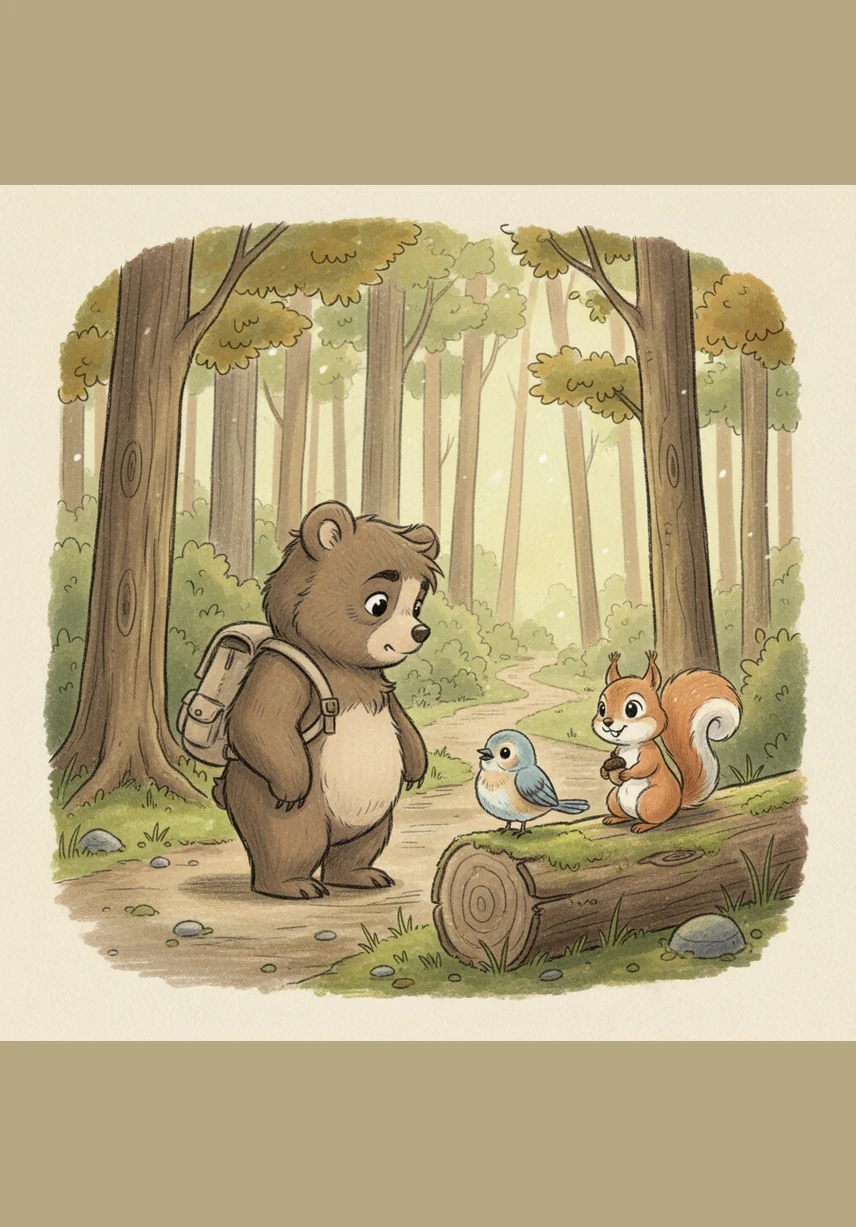 Further down the path, Barnaby meets a squirrel who is frantically searching through a pile of fallen leaves. The squirrel explains that he has lost his secret stash of winter acorns.